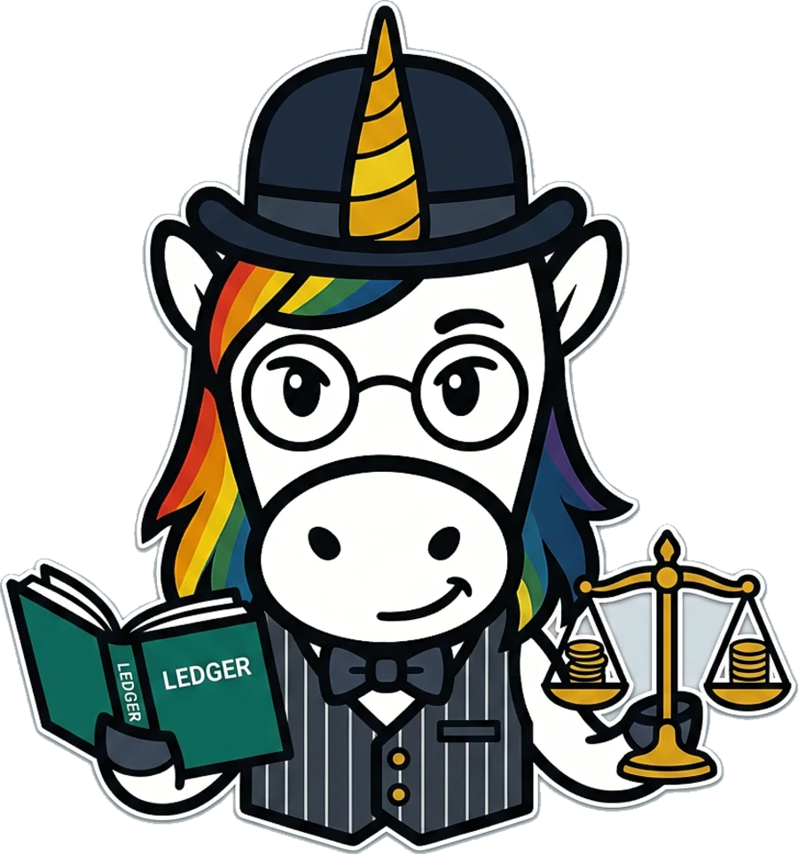 The Accounting-Ops unicorn — a bookkeeper officer in a banker's vest holding a green ledger and a brass balance scale