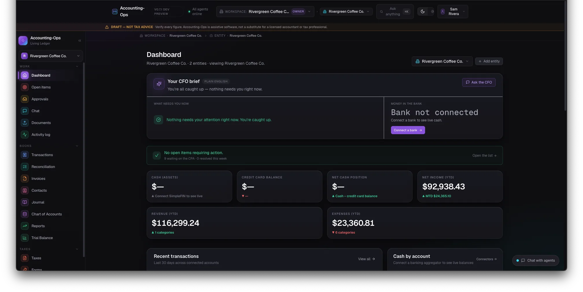 Accounting-Ops operator dashboard with net income, revenue, and expenses derived live from the journal