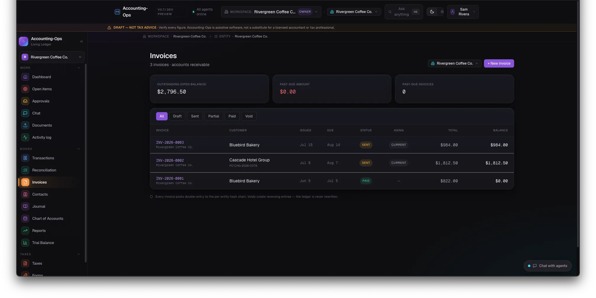 Accounting-Ops invoices screen with outstanding balances and paid statuses